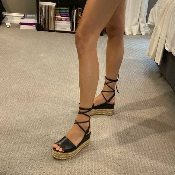 seniorah Shoes - Seniorah Black Leather Wrap-Up Espadrilles